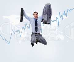 Businessman jumping against a curve in background