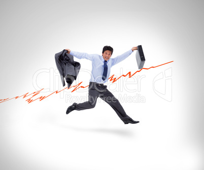 Man in suit running against a curve in white background