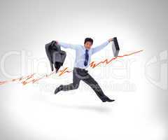Man in suit running against a curve in white background