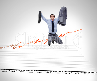 Screaming businessman jumping against a background