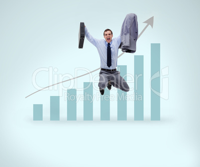 Screaming businessman jumping against a graphical presentation i