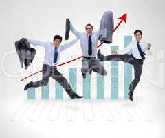 Businessmen jumping before graphical presentation
