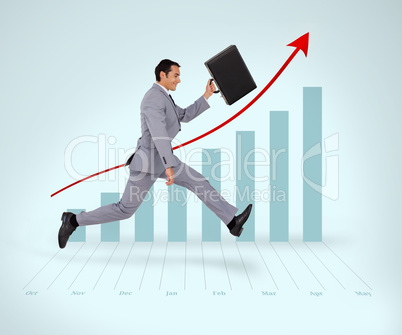 Man in suit running against a graph