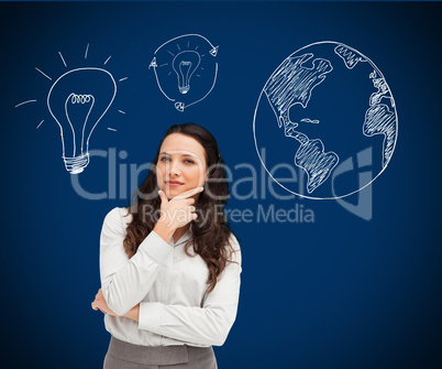 Businesswoman standing against a picture of bulbs and globe