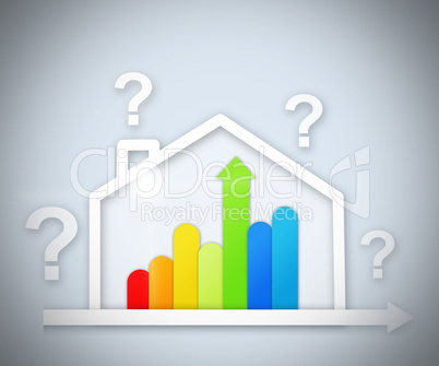 Question marks above energy efficient house graphic