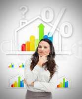 Woman standing against energy efficient house graphic