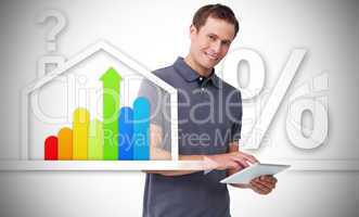 Man standing behind the energy efficient house graphic