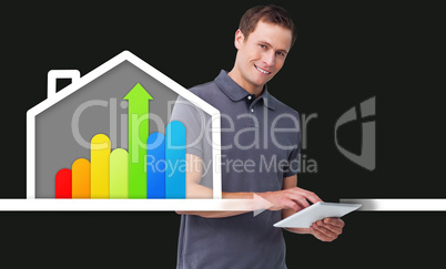 Man standing behind energy efficient house graphic