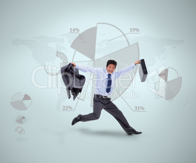 Businessman in suit jumping against graphical presentation