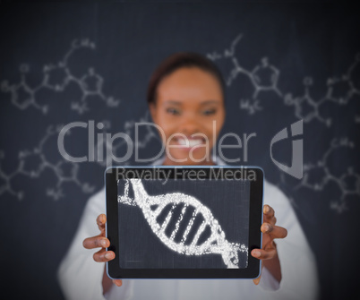Smiling woman showing DNA Helix