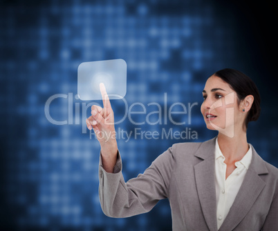 Businesswoman pressing white button on touch screen