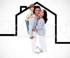 Happy family standing with a house illustration