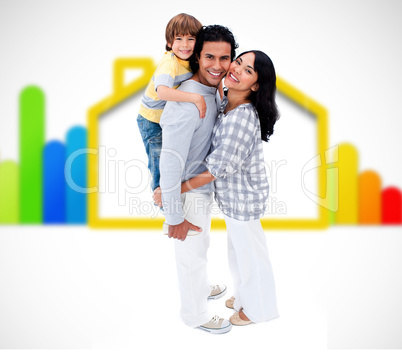 Happy family standing with an energy efficient illustration