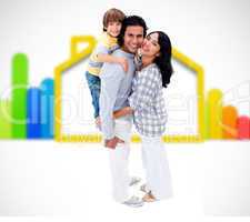 Happy family standing with an energy efficient illustration