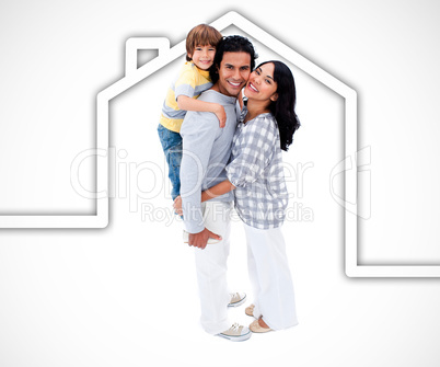 Happy family standing with a white house illustration on a white