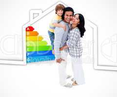 Smiling family standing with a house illustration with energy ra