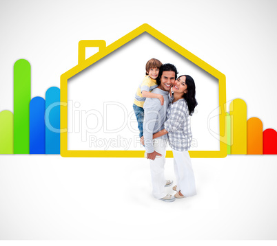 Lovely family standing with a yellow house illustration with ene