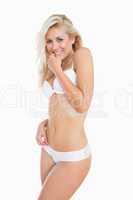 Happy woman in white underwear