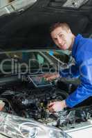 Repairman using tablet computer