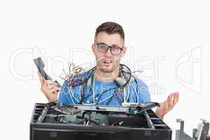 Confused it professional with cables and phone in front of open