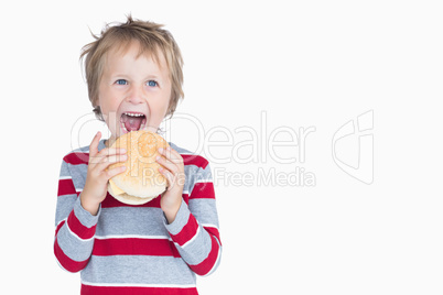 Cheerful young boy eating burger