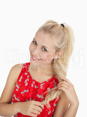 Portrait of happy casual woman with blonde hair