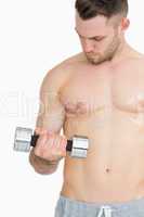 Young shirtless man exercising with dumbbell