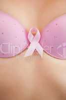 Woman in bra with breast cancer awareness ribbon