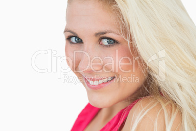 Close-up of beautiful young woman with blue eyes and blonde hair