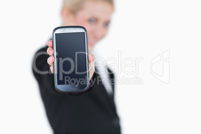 Young business woman showing her new smartphone