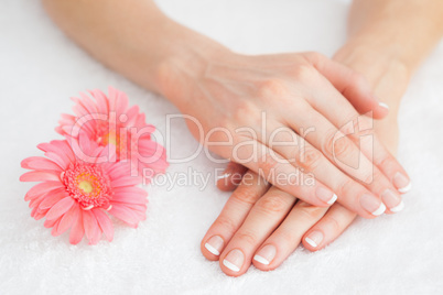 Flowers with french manicured fingers