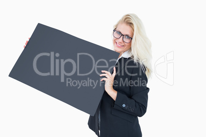 Portrait of business woman holding empty banner Portrait of business woman holding empty banner