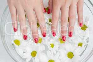 Red painted finger nails and bowl of flowers
