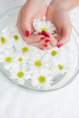 Red painted finger nails and bowl of flowers