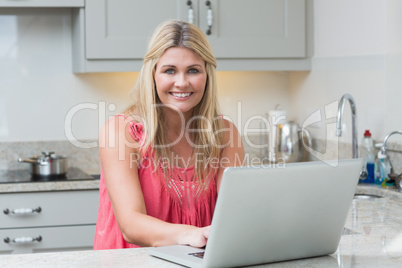 Portrait of happy young woman using laptop in the kitchen