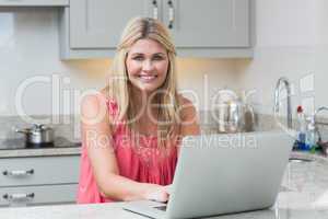 Portrait of happy young woman using laptop in the kitchen