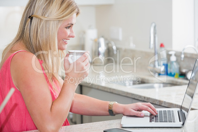 Casual woman with coffee cup using laptop in the kitchen