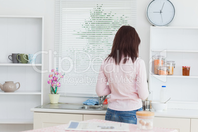 Rear view of woman in the kitchen