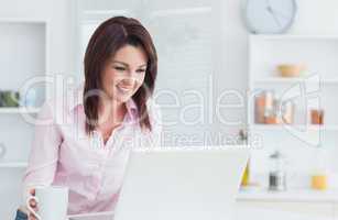 Woman with coffee cup using laptop at home