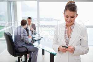 Colleagues in meeting with business woman text  messaging in for