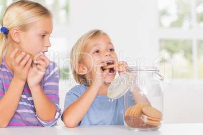 Brother and sister eating biscuits