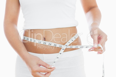 Midsection of woman measuring waist