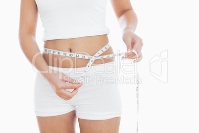 Midsection of woman measuring waist