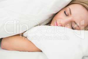Close-up of beautiful woman under sheet with eyes closed in bed