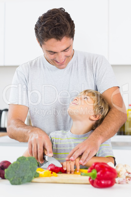 Father and son looking at each other as they are chopping vegeta