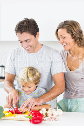 Mother watching as son and husband prepare vegetables