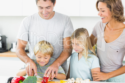 Mother and daughter watching father and son slicing vegetables