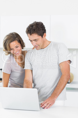 Smiling couple using laptop together