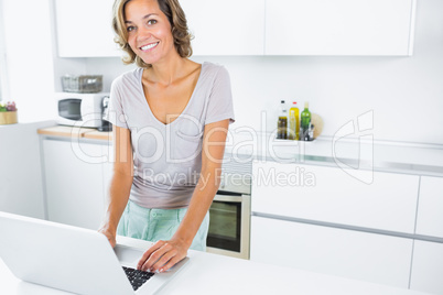 Pretty woman in kitchen with laptop Pretty woman in kitchen with laptop