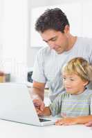 Happy father and son using laptop